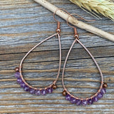 Boho Copper Wire Wrapped Amethyst Teardrop Earrings