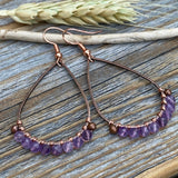 Boho Copper Wire Wrapped Amethyst Teardrop Earrings