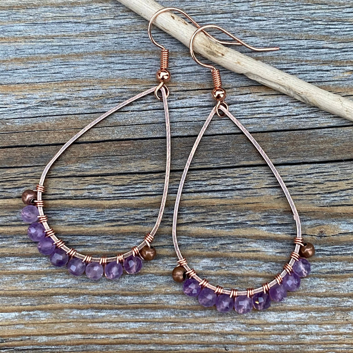 Boho Copper Wire Wrapped Amethyst Teardrop Earrings