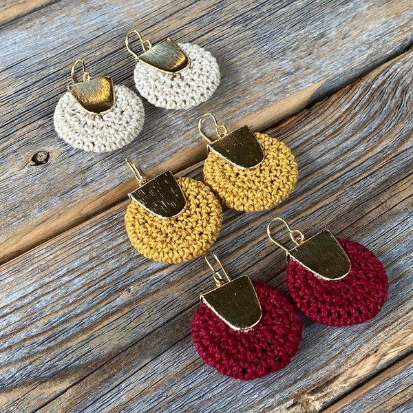 Boho Crochet Dangle Earrings, Beige Burgundy Mustard, Gold-Plated Ear Wires