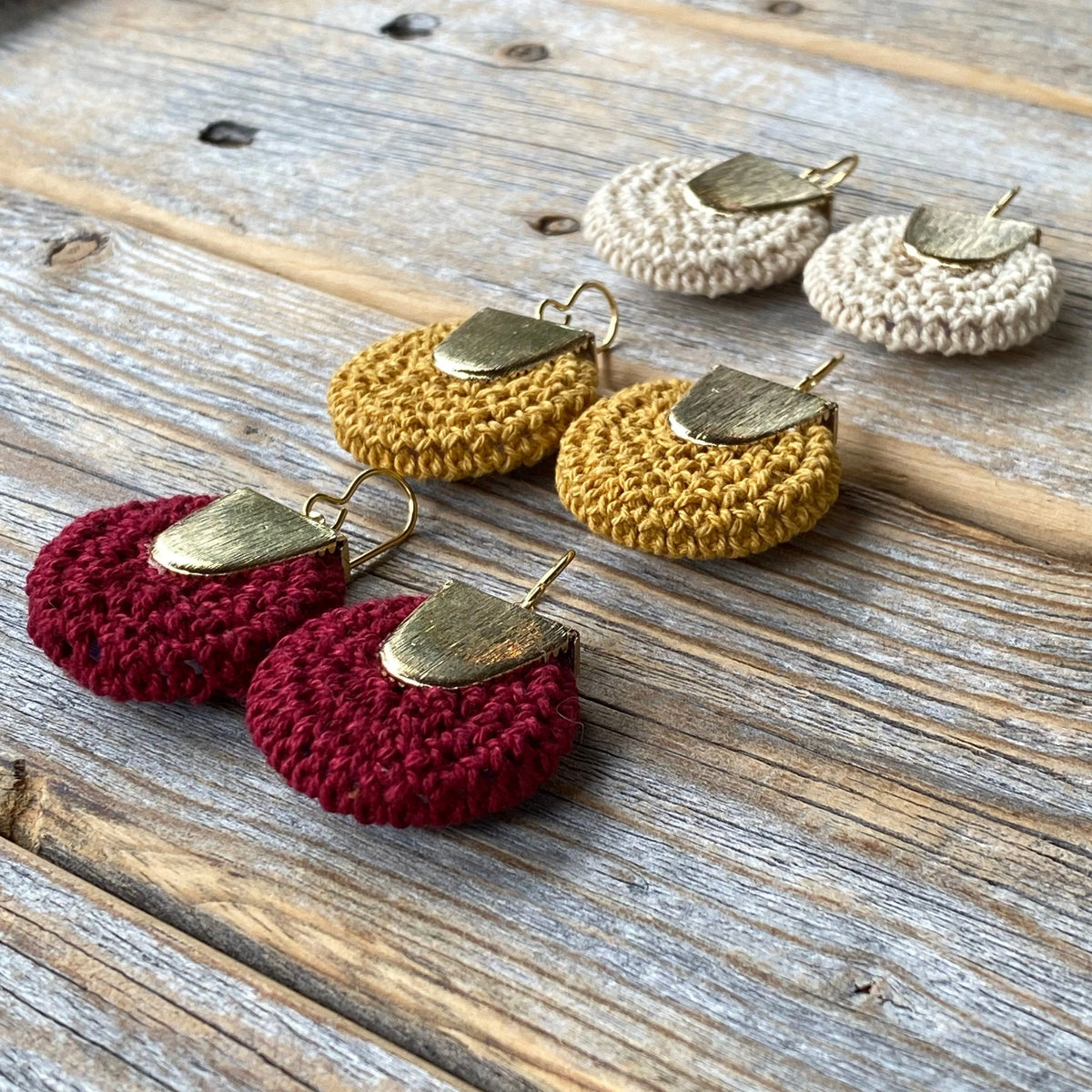 Boho Crochet Dangle Earrings, Beige Burgundy Mustard, Gold-Plated Ear Wires