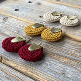 Boho Crochet Dangle Earrings, Beige Burgundy Mustard, Gold-Plated Ear Wires