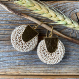 Boho Crochet Dangle Earrings, Beige Burgundy Mustard, Gold-Plated Ear Wires