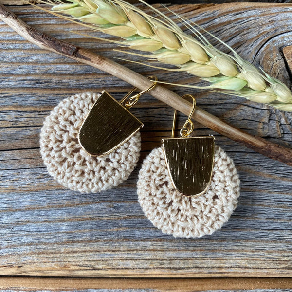 Boho Crochet Dangle Earrings, Beige Burgundy Mustard, Gold-Plated Ear Wires