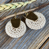 Boho Crochet Dangle Earrings, Beige Burgundy Mustard, Gold-Plated Ear Wires