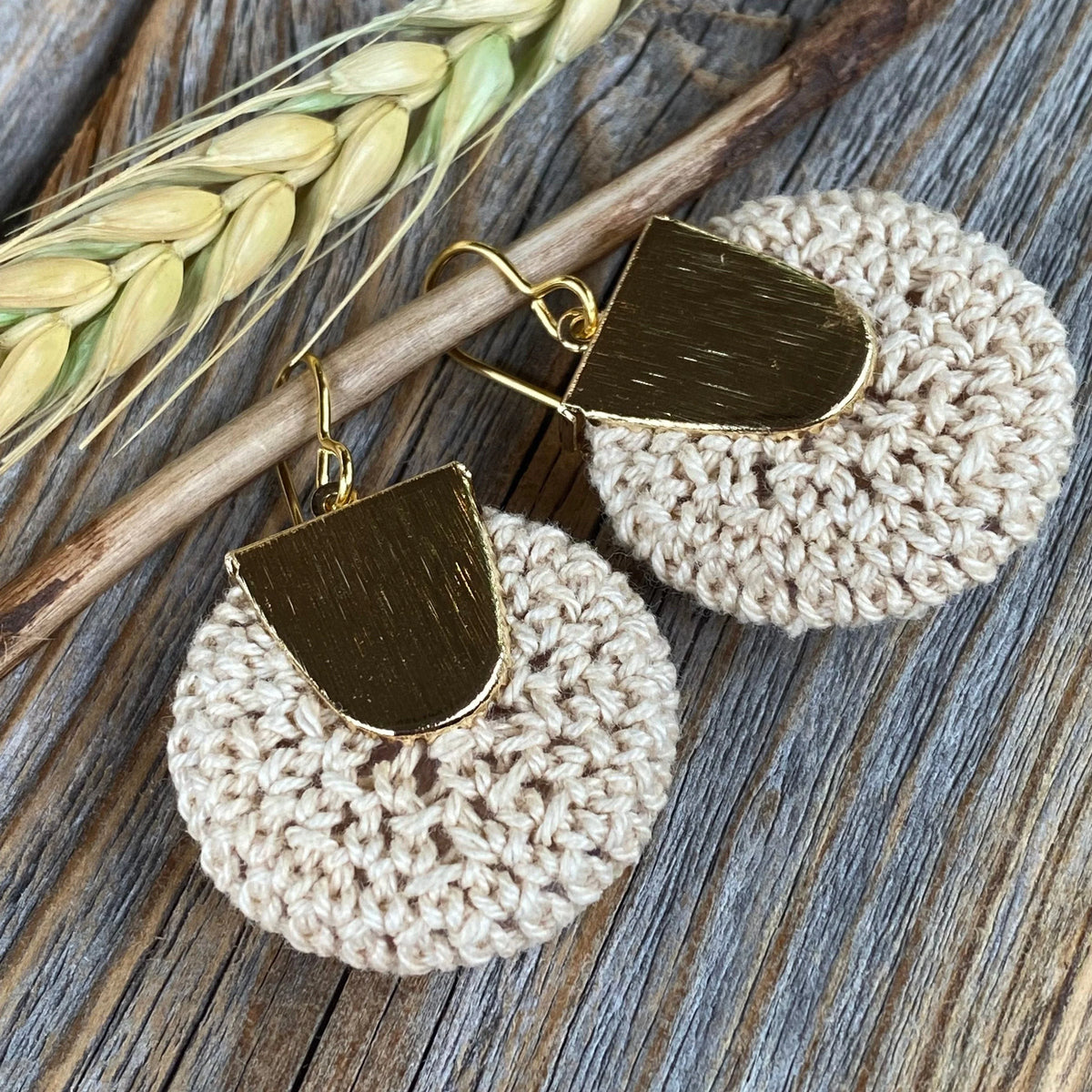 Boho Crochet Dangle Earrings, Beige Burgundy Mustard, Gold-Plated Ear Wires