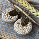 Boho Crochet Dangle Earrings, Beige Burgundy Mustard, Gold-Plated Ear Wires