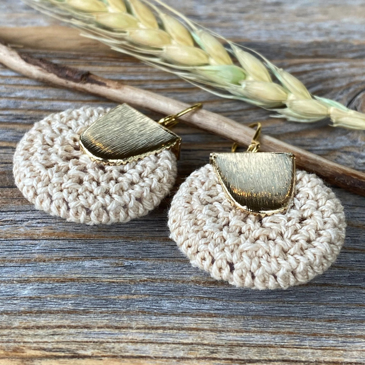 Boho Crochet Dangle Earrings, Beige Burgundy Mustard, Gold-Plated Ear Wires