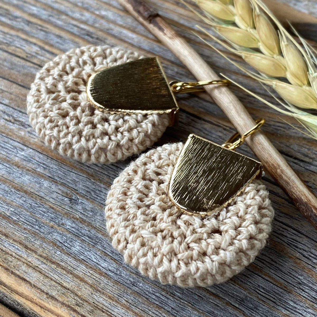 Boho Crochet Dangle Earrings, Beige Burgundy Mustard, Gold-Plated Ear Wires