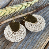 Boho Crochet Dangle Earrings, Beige Burgundy Mustard, Gold-Plated Ear Wires