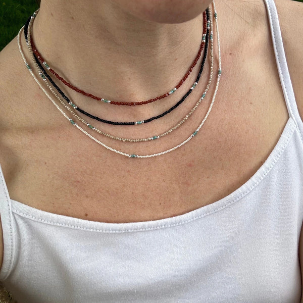 Boho Czech Glass Beaded Necklace, Sterling Silver Clasp