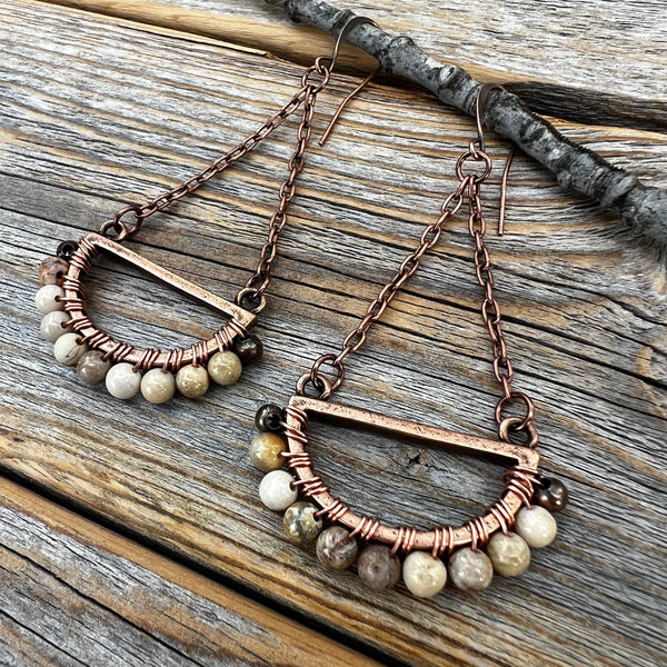 Boho Fossil Coral Dangle Earrings – Handmade Copper Jewelry