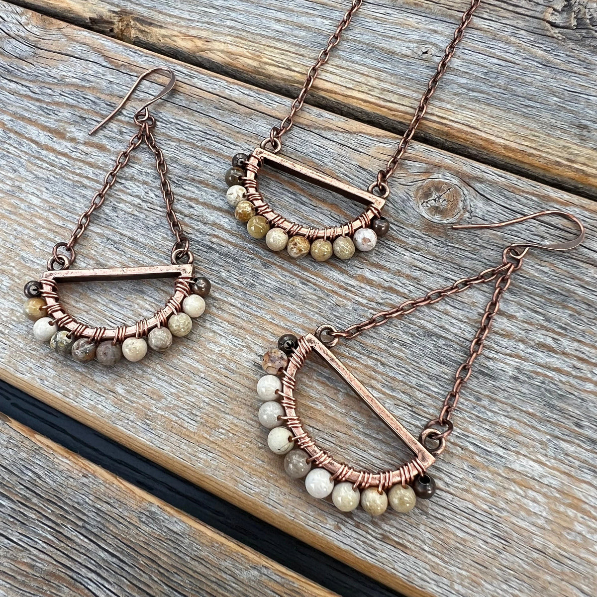 Boho Fossil Coral Dangle Earrings – Handmade Copper Jewelry