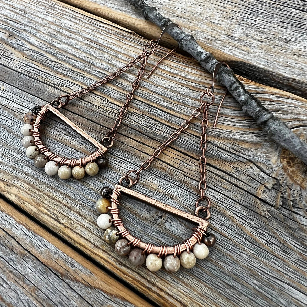 Boho Fossil Coral Dangle Earrings – Handmade Copper Jewelry