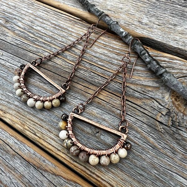 Boho Fossil Coral Dangle Earrings – Handmade Copper Jewelry