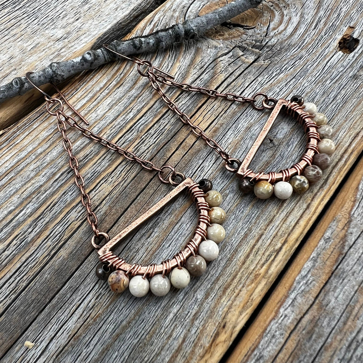 Boho Fossil Coral Dangle Earrings – Handmade Copper Jewelry