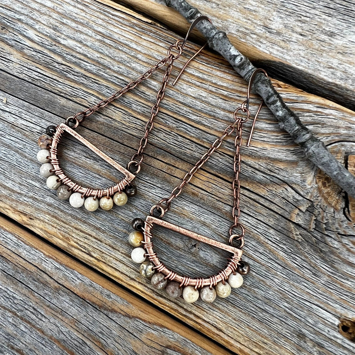 Boho Fossil Coral Dangle Earrings – Handmade Copper Jewelry