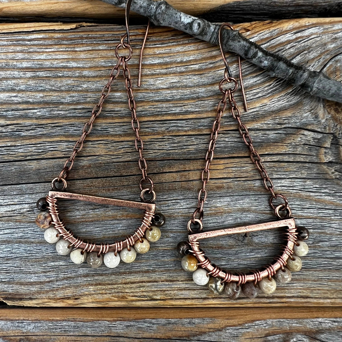 Boho Fossil Coral Dangle Earrings – Handmade Copper Jewelry