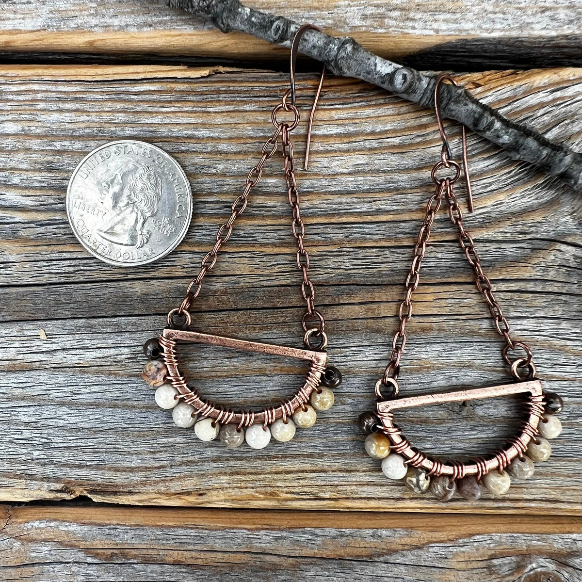 Boho Fossil Coral Dangle Earrings – Handmade Copper Jewelry