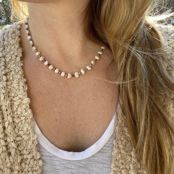 Boho Freshwater Pearl and Turquoise Necklace – Beaded Jewelry