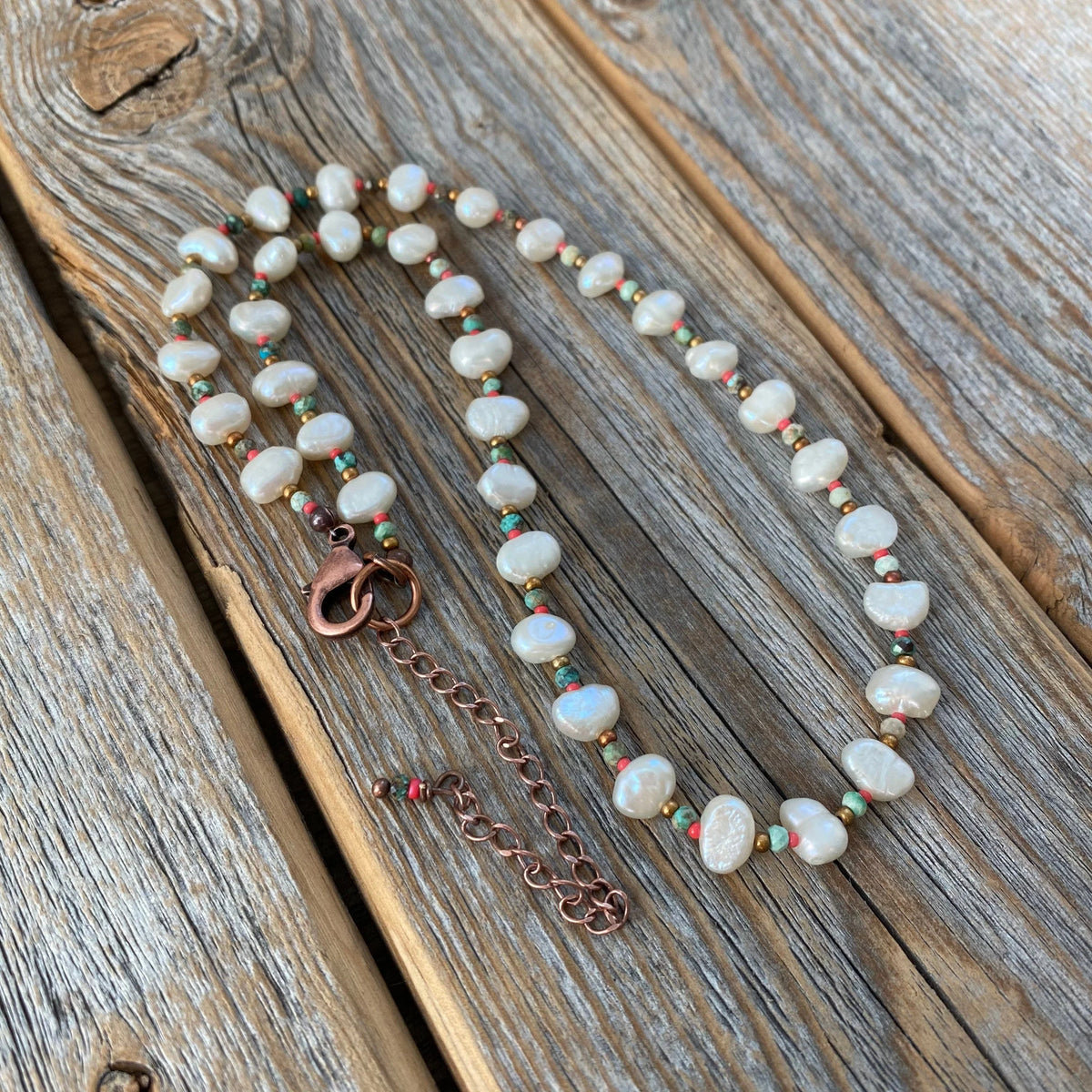 Boho Freshwater Pearl and Turquoise Necklace – Beaded Jewelry