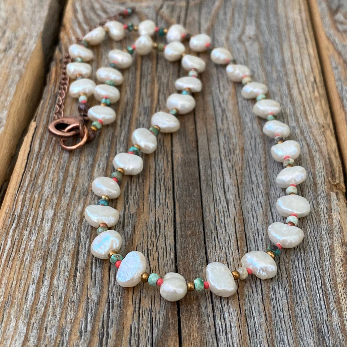 Boho Freshwater Pearl and Turquoise Necklace – Beaded Jewelry