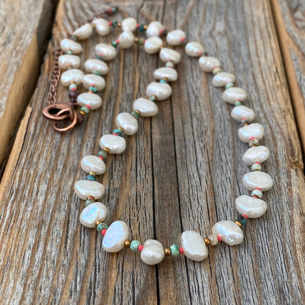 Boho Freshwater Pearl and Turquoise Necklace – Beaded Jewelry