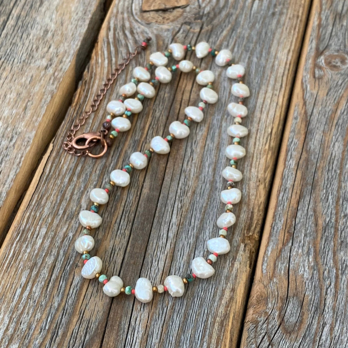 Boho Freshwater Pearl and Turquoise Necklace – Beaded Jewelry