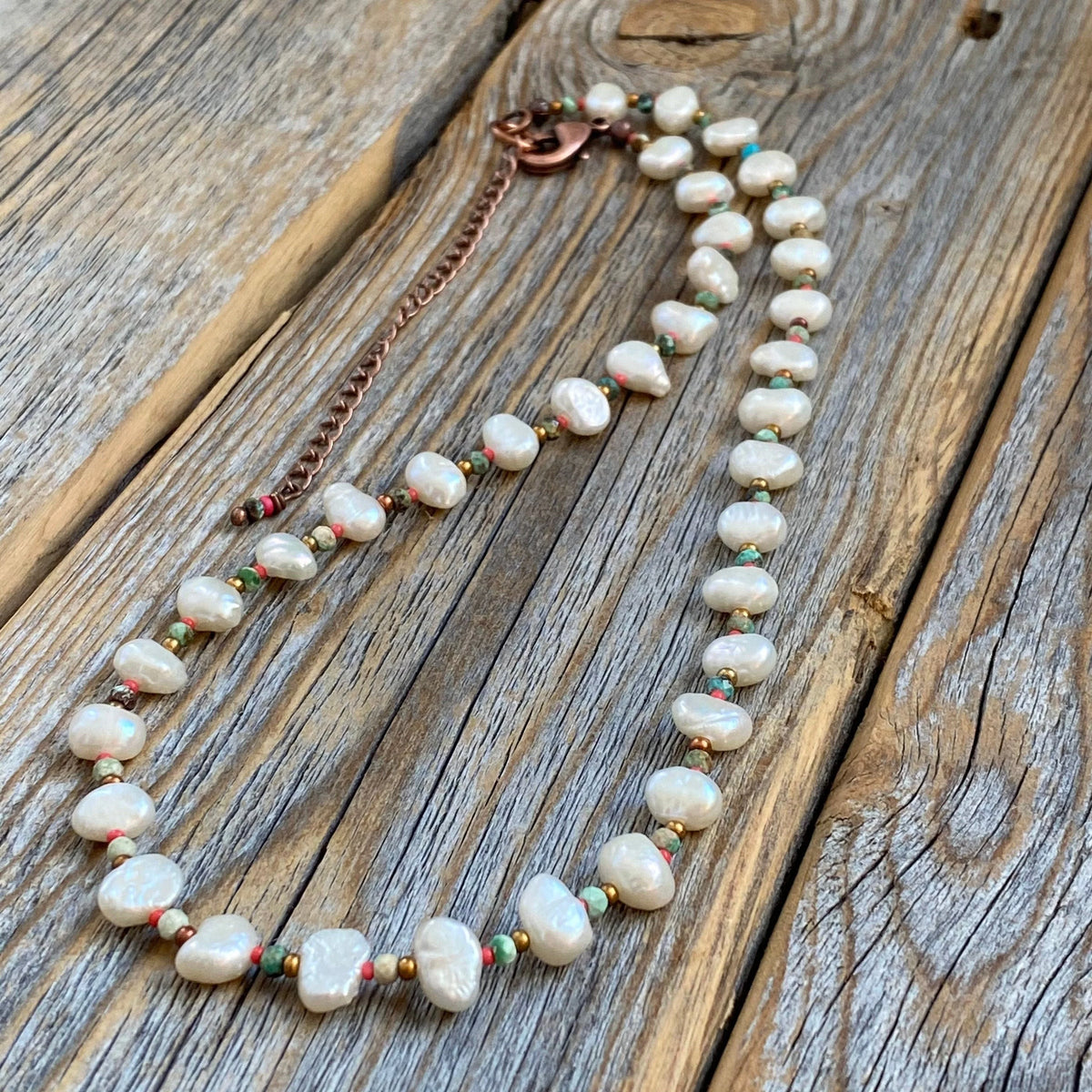 Boho Freshwater Pearl and Turquoise Necklace – Beaded Jewelry