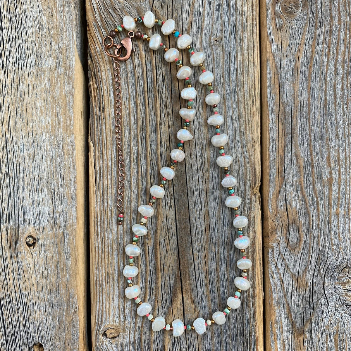 Boho Freshwater Pearl and Turquoise Necklace – Beaded Jewelry