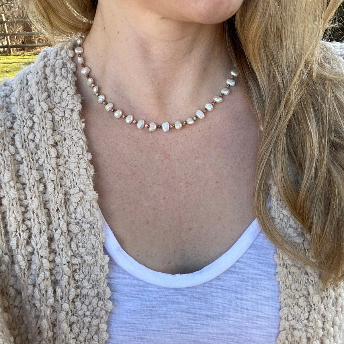 Boho Freshwater Pearl and Turquoise Necklace – Beaded Jewelry