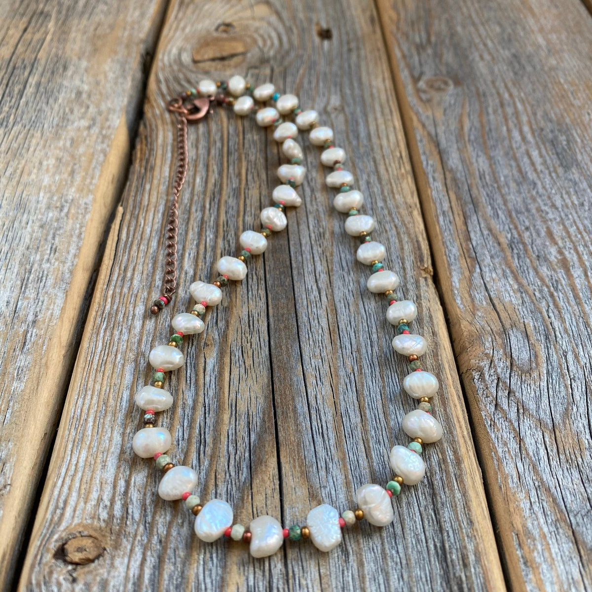 Boho Freshwater Pearl and Turquoise Necklace – Beaded Jewelry