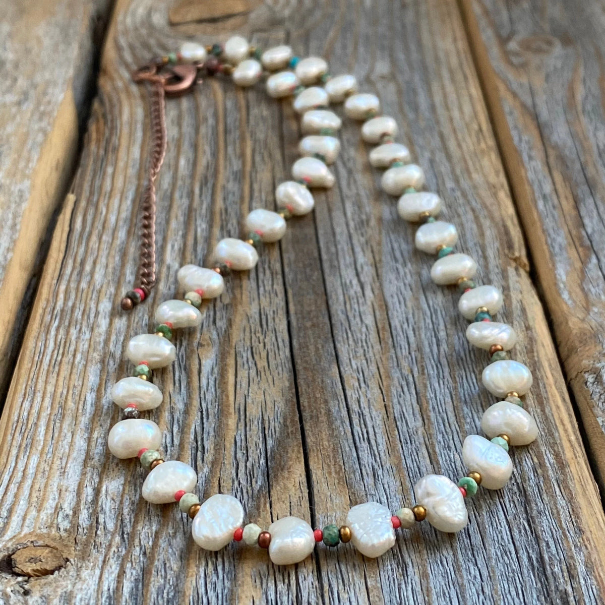 Boho Freshwater Pearl and Turquoise Necklace – Beaded Jewelry