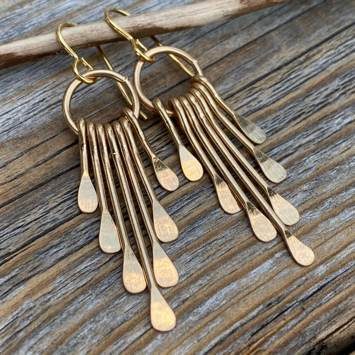 Boho Fringe Earrings - Gold Plated Hammered Brass, Southwestern Dangle
