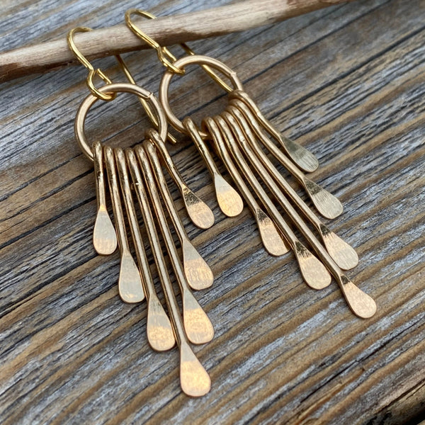 Boho Fringe Earrings - Gold Plated Hammered Brass, Southwestern Dangle