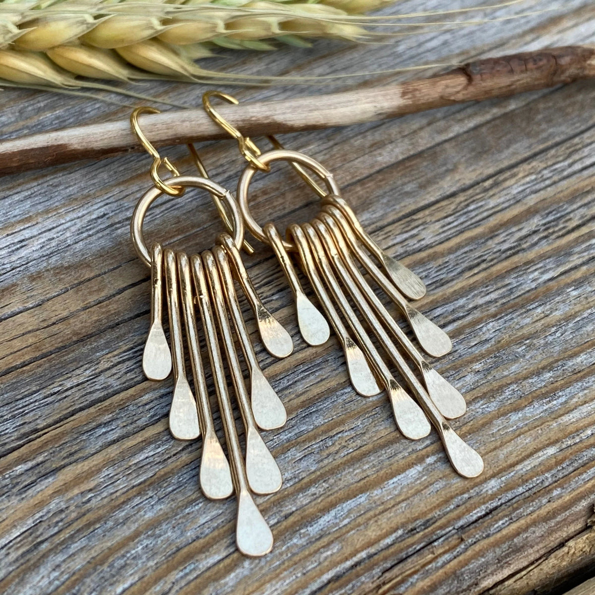 Boho Fringe Earrings - Gold Plated Hammered Brass, Southwestern Dangle