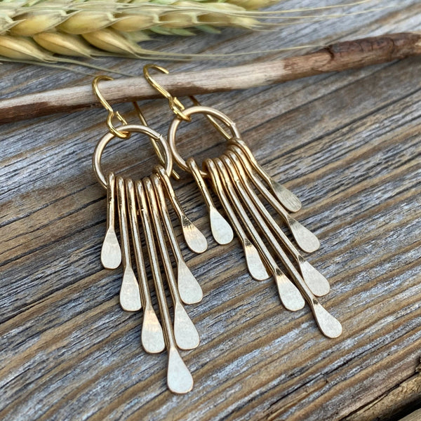 Boho Fringe Earrings - Gold Plated Hammered Brass, Southwestern Dangle
