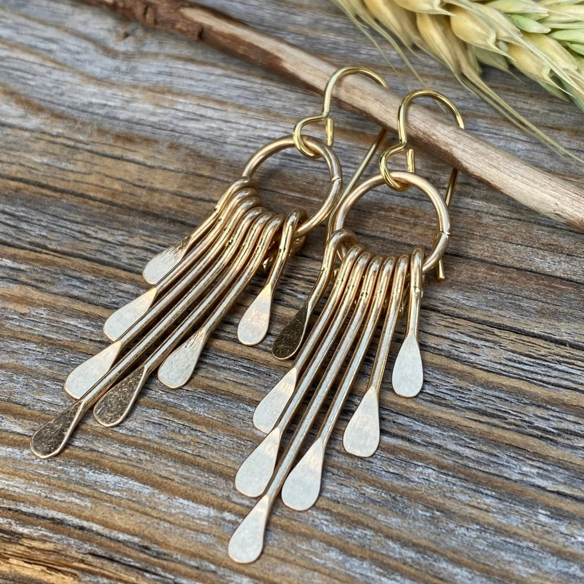 Boho Fringe Earrings - Gold Plated Hammered Brass, Southwestern Dangle