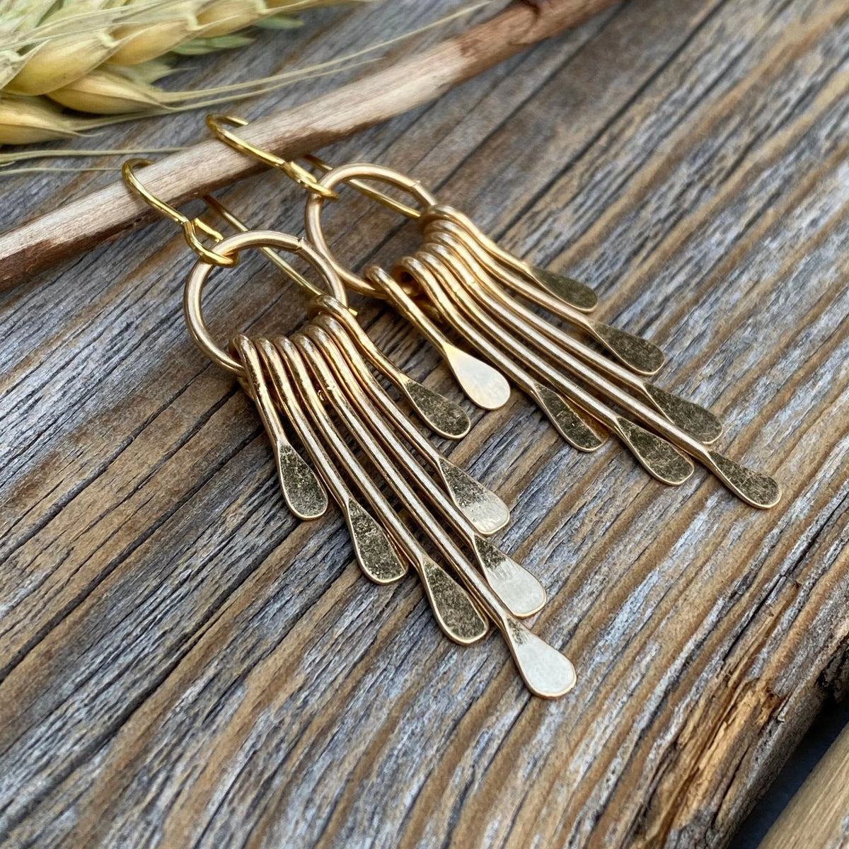 Boho Fringe Earrings - Gold Plated Hammered Brass, Southwestern Dangle