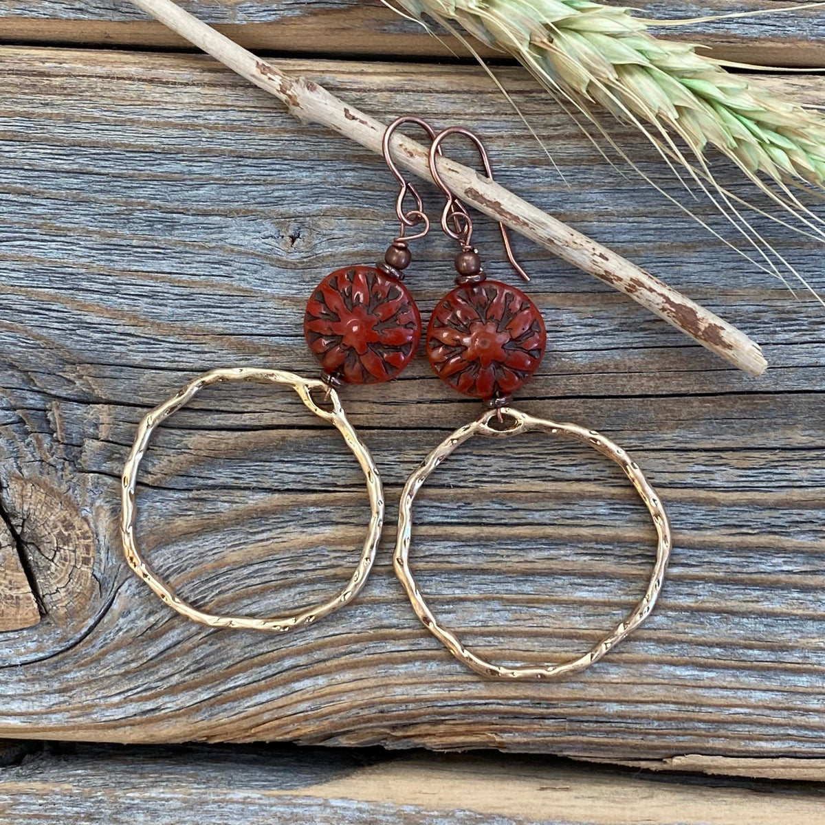 Boho Gold Hoop Dangle Earrings – Red Czech Glass Flower