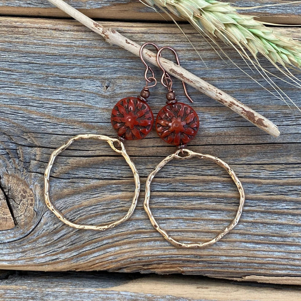 Boho Gold Hoop Dangle Earrings – Red Czech Glass Flower