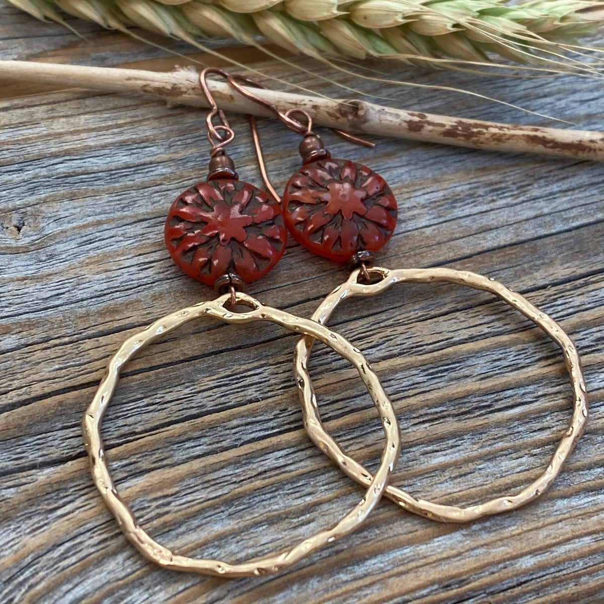 Boho Gold Hoop Dangle Earrings – Red Czech Glass Flower