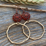 Boho Gold Hoop Dangle Earrings – Red Czech Glass Flower