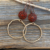 Boho Gold Hoop Dangle Earrings – Red Czech Glass Flower