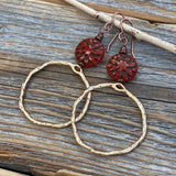 Boho Gold Hoop Dangle Earrings – Red Czech Glass Flower