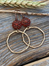 Boho Gold Hoop Dangle Earrings – Red Czech Glass Flower