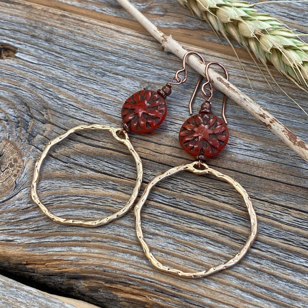 Boho Gold Hoop Dangle Earrings – Red Czech Glass Flower