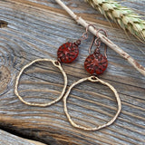 Boho Gold Hoop Dangle Earrings – Red Czech Glass Flower