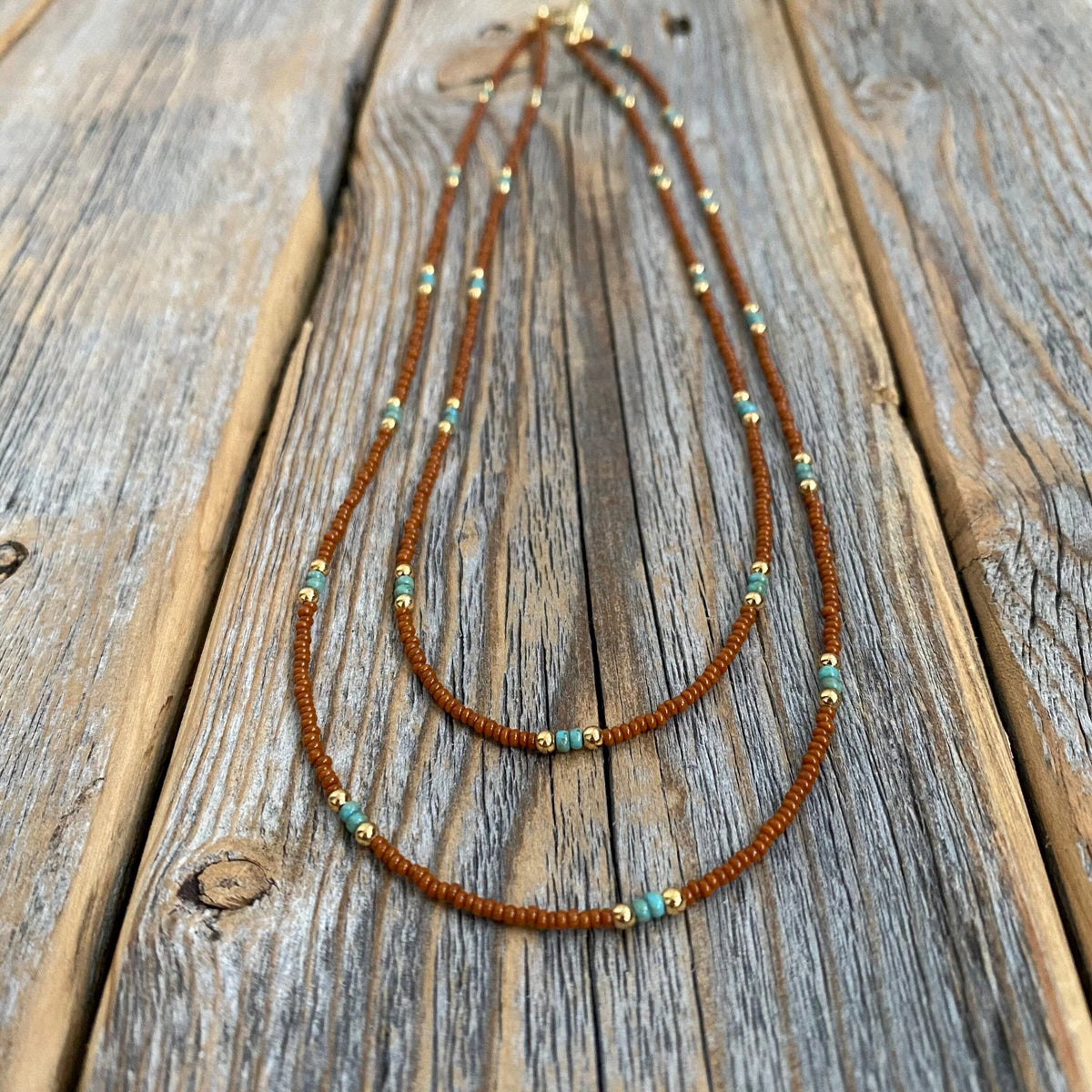 Boho Layered Beaded Necklace Set – Czech Glass, Turquoise, Gold-Filled