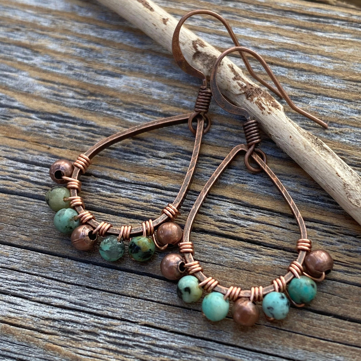 Boho Turquoise Teardrop Earrings, Copper Wire Wrapped, Nickel-Free